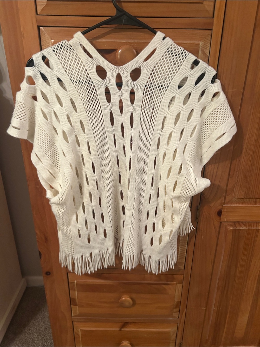 Open Knit Fringe Cardigan Sweater - White - Picture 2 of 2